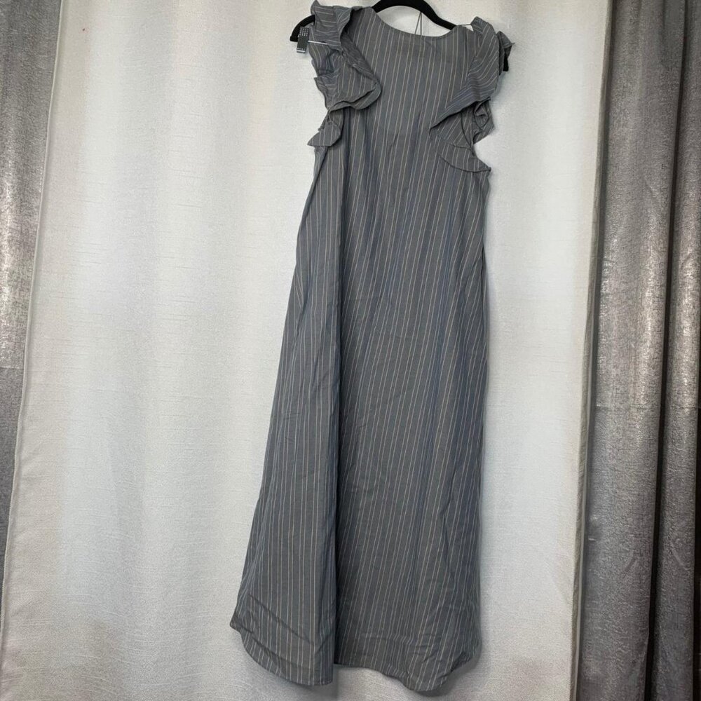 The Great striped gray blue ruffle trim A line midi dress